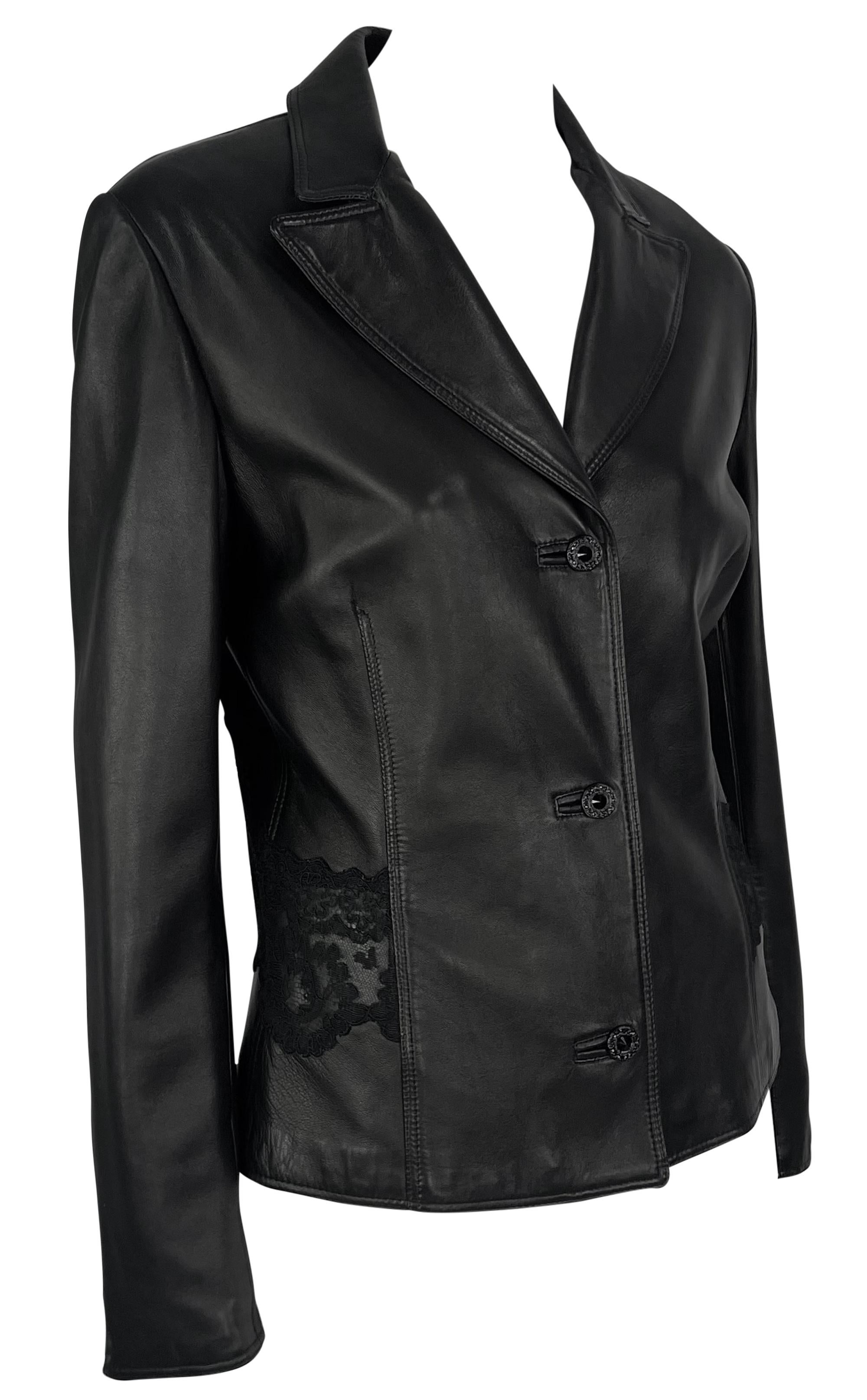 1990s Gianni Versace Sheer Black Lace Panel Leather Blazer Jacket For Sale 3
