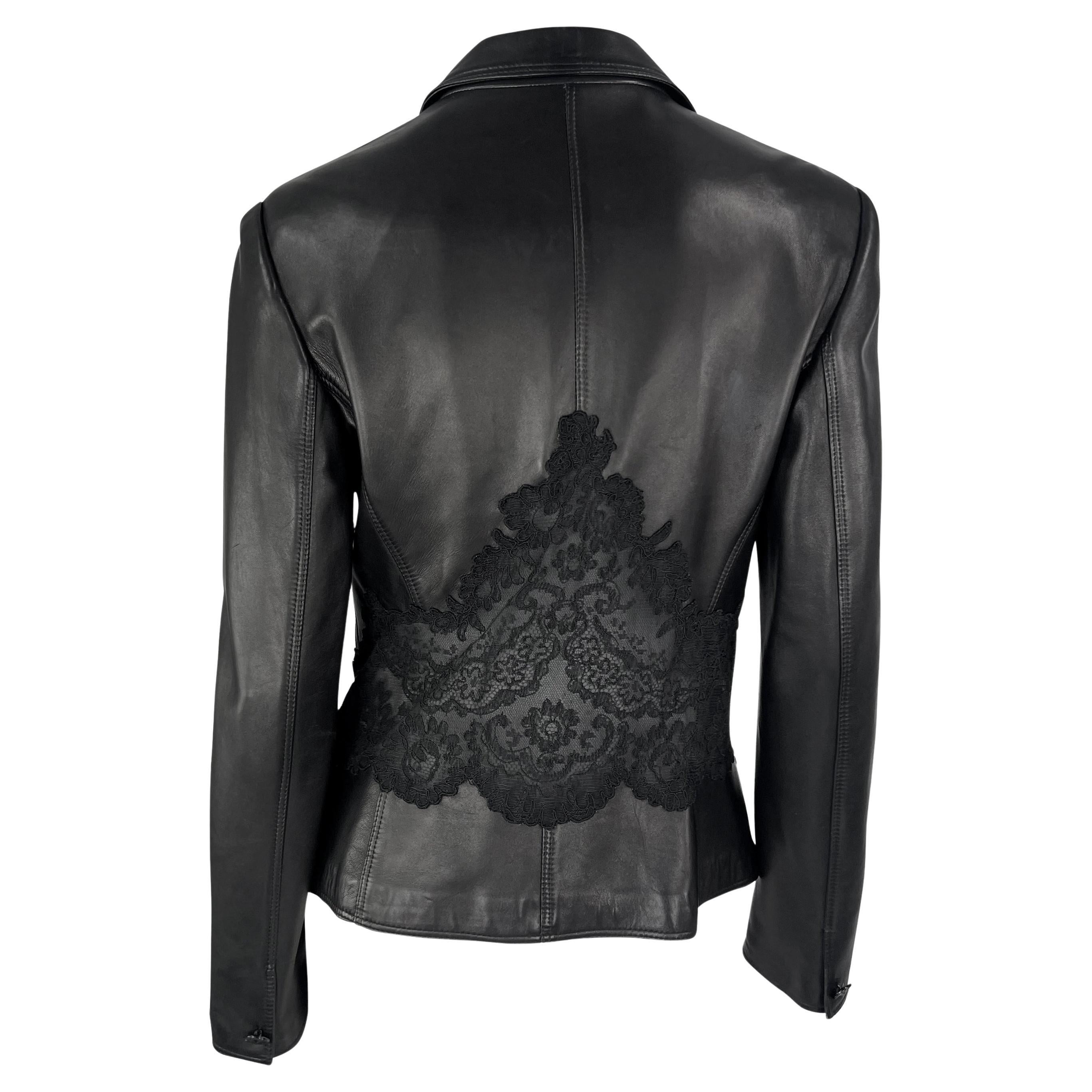 1990s Gianni Versace Sheer Black Lace Panel Leather Blazer Jacket For Sale