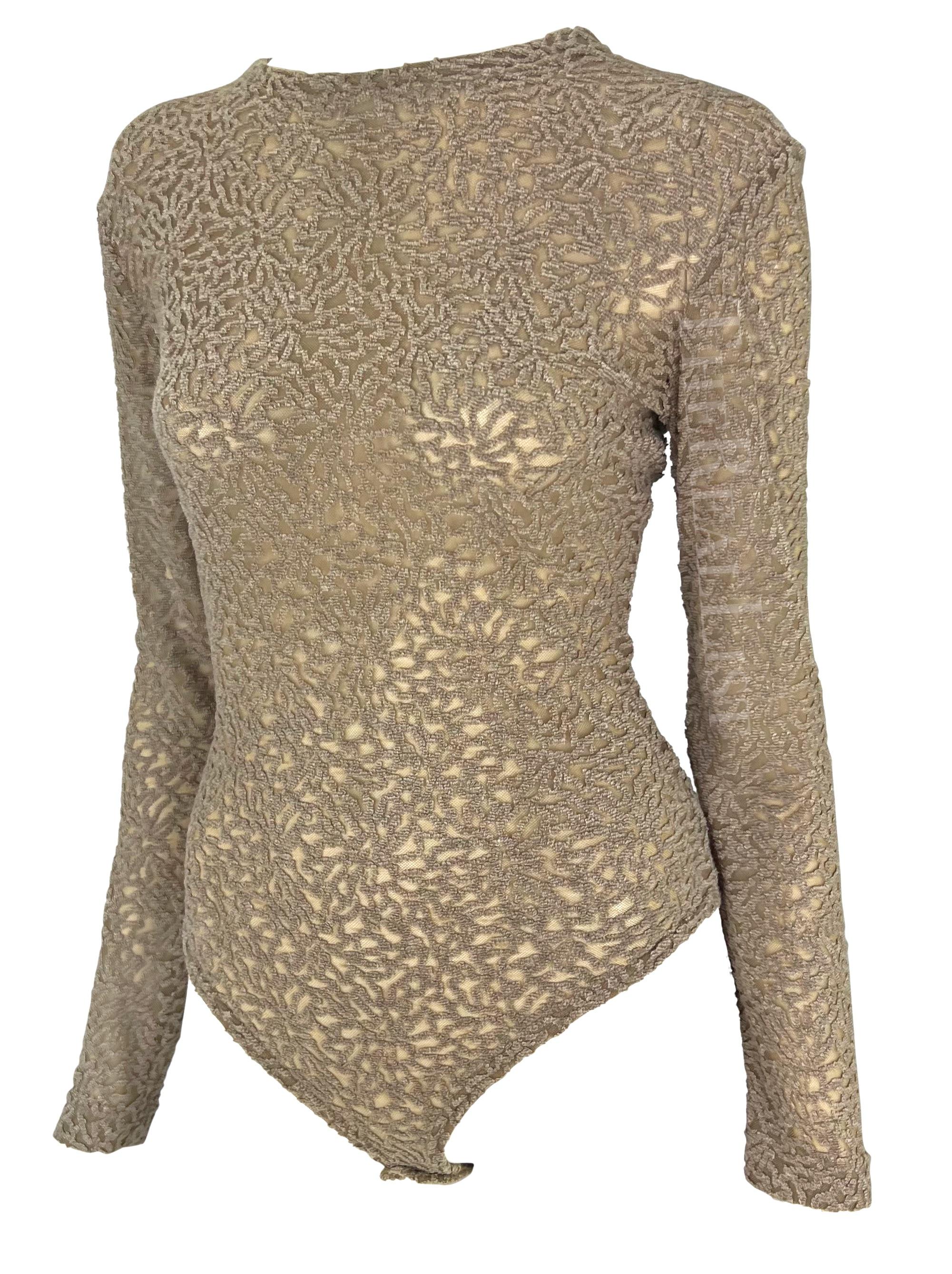 1990s Gianni Versace Sheer Tan Burnout Abstract Chenille Velvet Bodysuit In Good Condition In West Hollywood, CA
