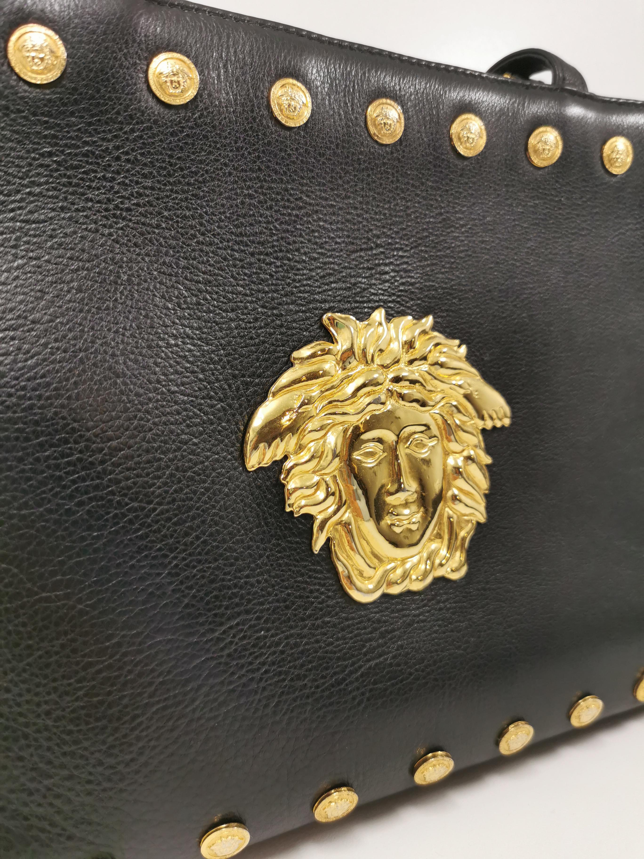Black 1990's Gianni Versace Signature Medusa Head Gold Medallion Shoulder Bag For Sale