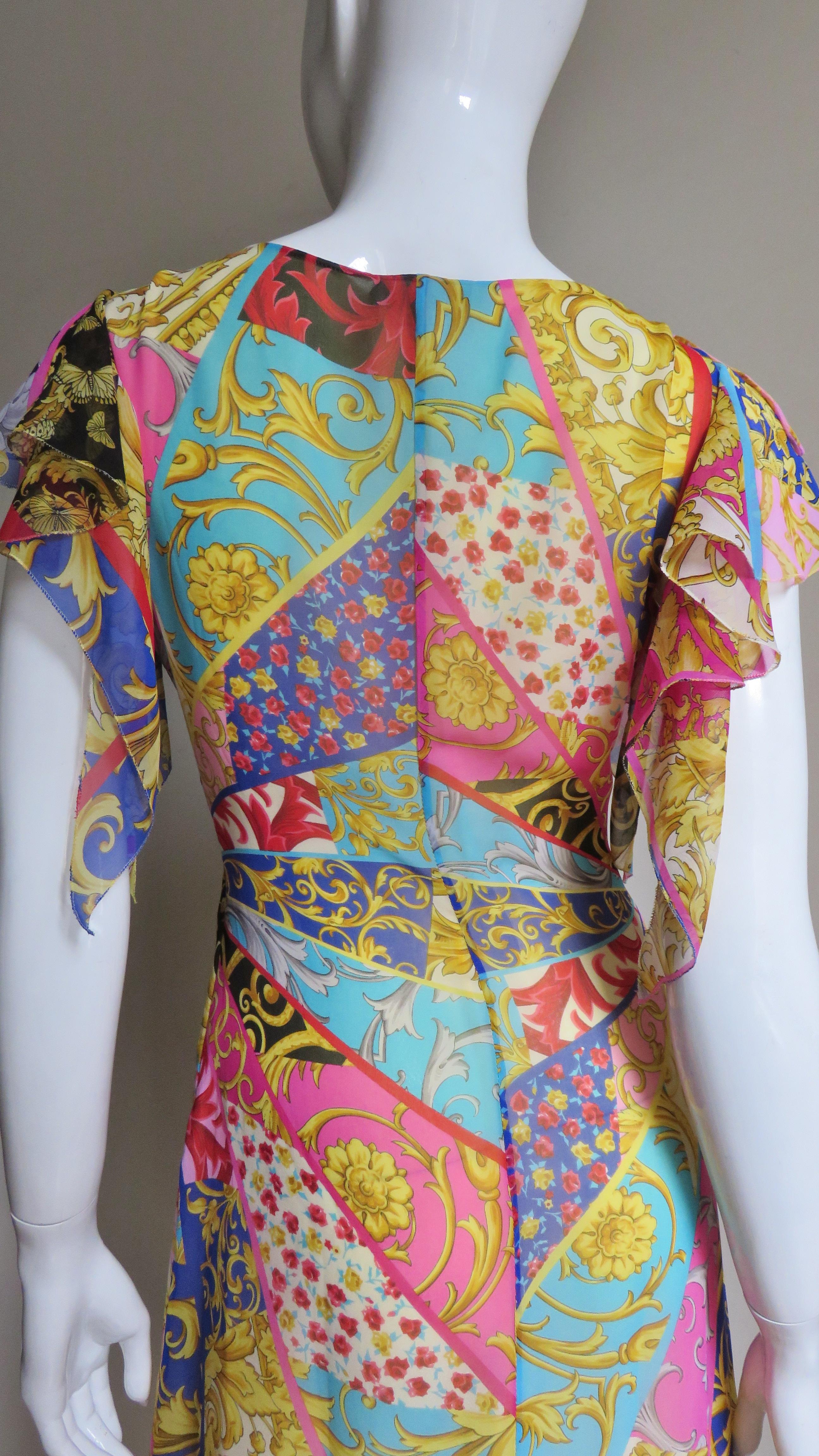 1990s Gianni Versace Silk Scarf Print Plunge Dress 3
