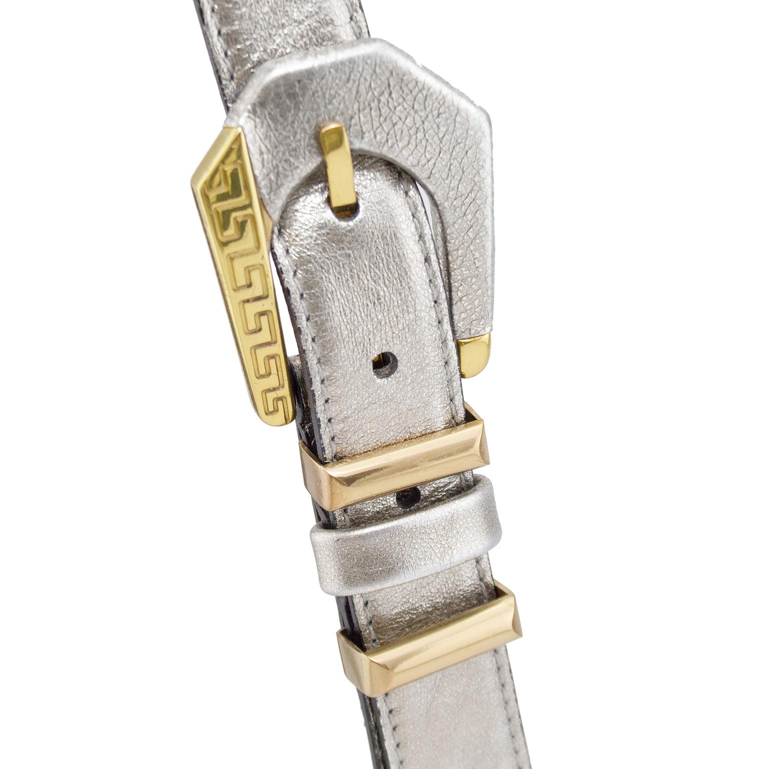 Gray 1990s Gianni Versace Silver Leather and Gold Belt For Sale
