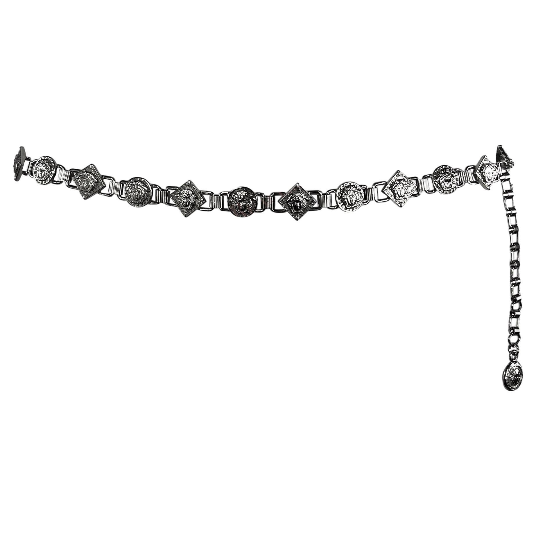 1990s Gianni Versace Silver Medusa Medallion Thin Pendant Belt For Sale