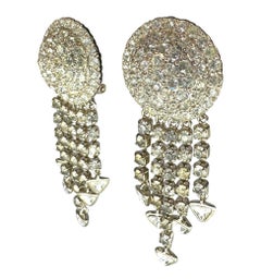 1990 Gianni Versace Argent Rhinestone Drop Clip on Earrings