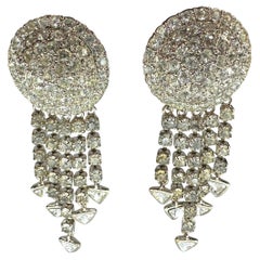 1990s Gianni Versace Silver Rhinestone Drop Clip on Earrings