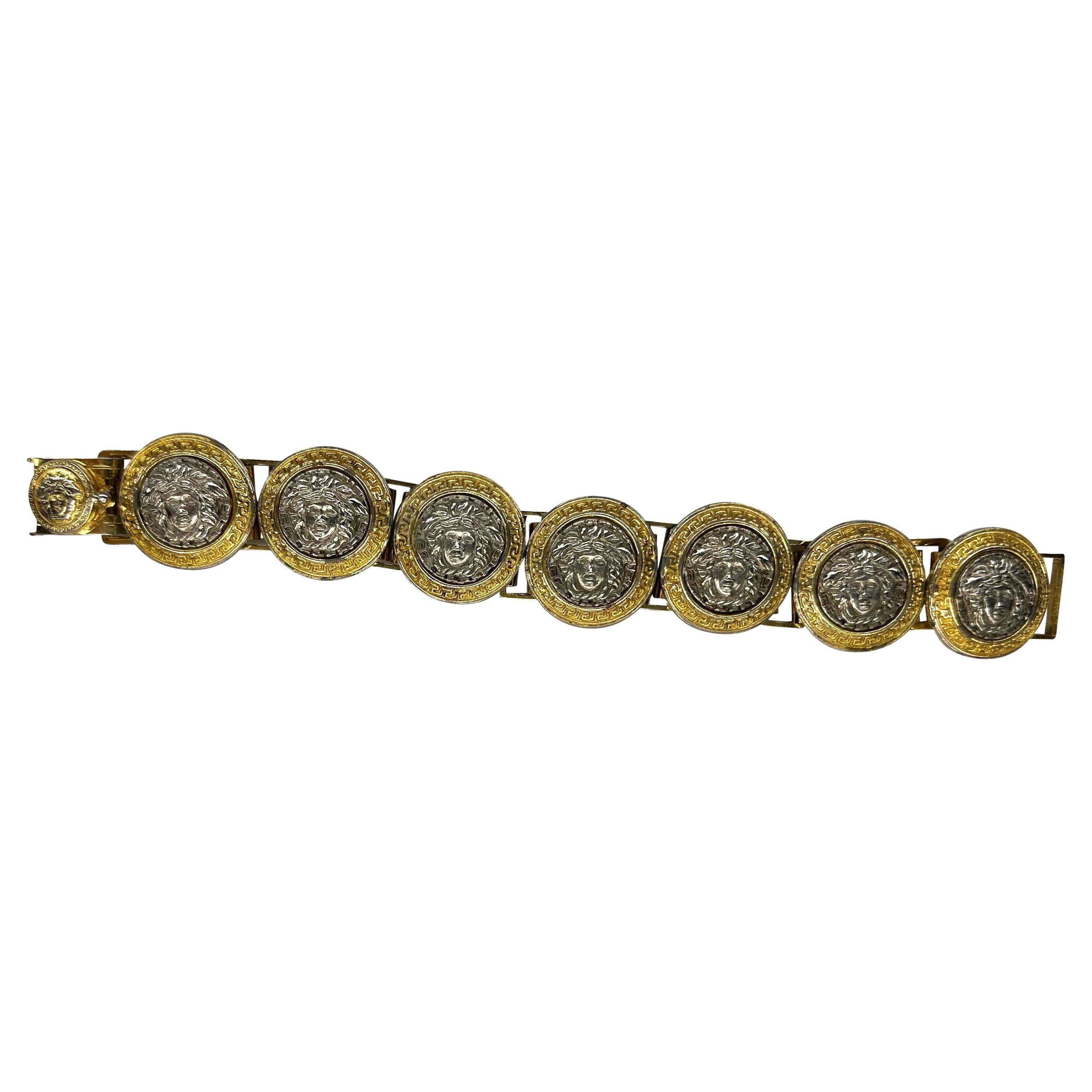 1990s Gianni Versace Silver Rhinestone Medusa Medallion Costume Link Bracelet For Sale