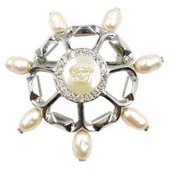 1990's Gianni Versace Silver Ridder Helm Pearl Medusa Brooch Pin RARE