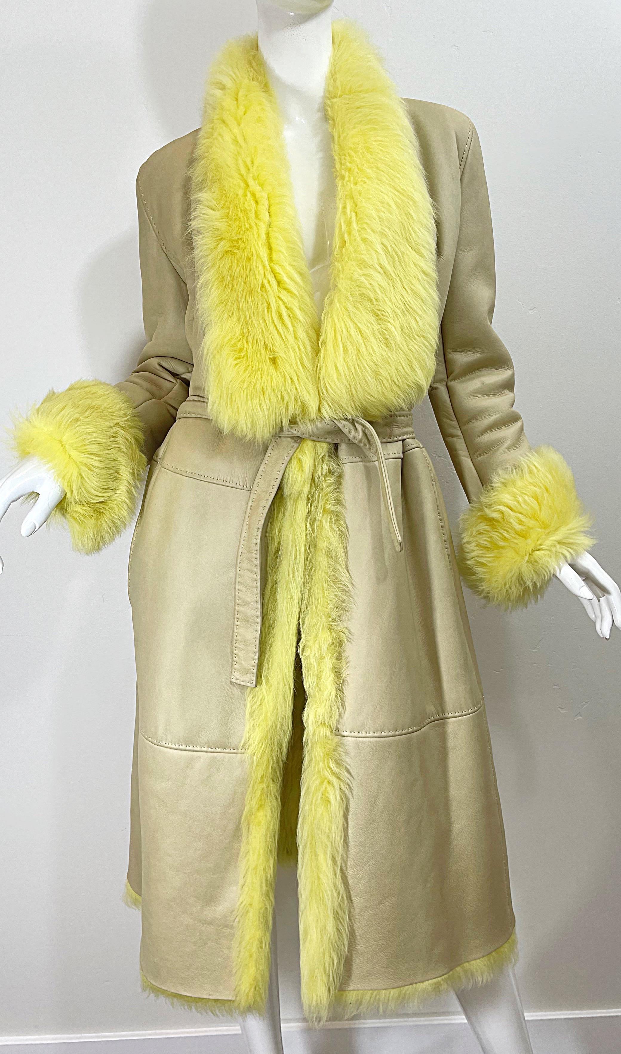 1990s Gianni Versace Tan Leather Yellow Shearling Fur Vintage Trench Coat Jacket For Sale 9