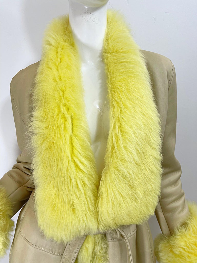 Beige 1990s Gianni Versace Tan Leather Yellow Shearling Fur Vintage Trench Coat Jacket For Sale