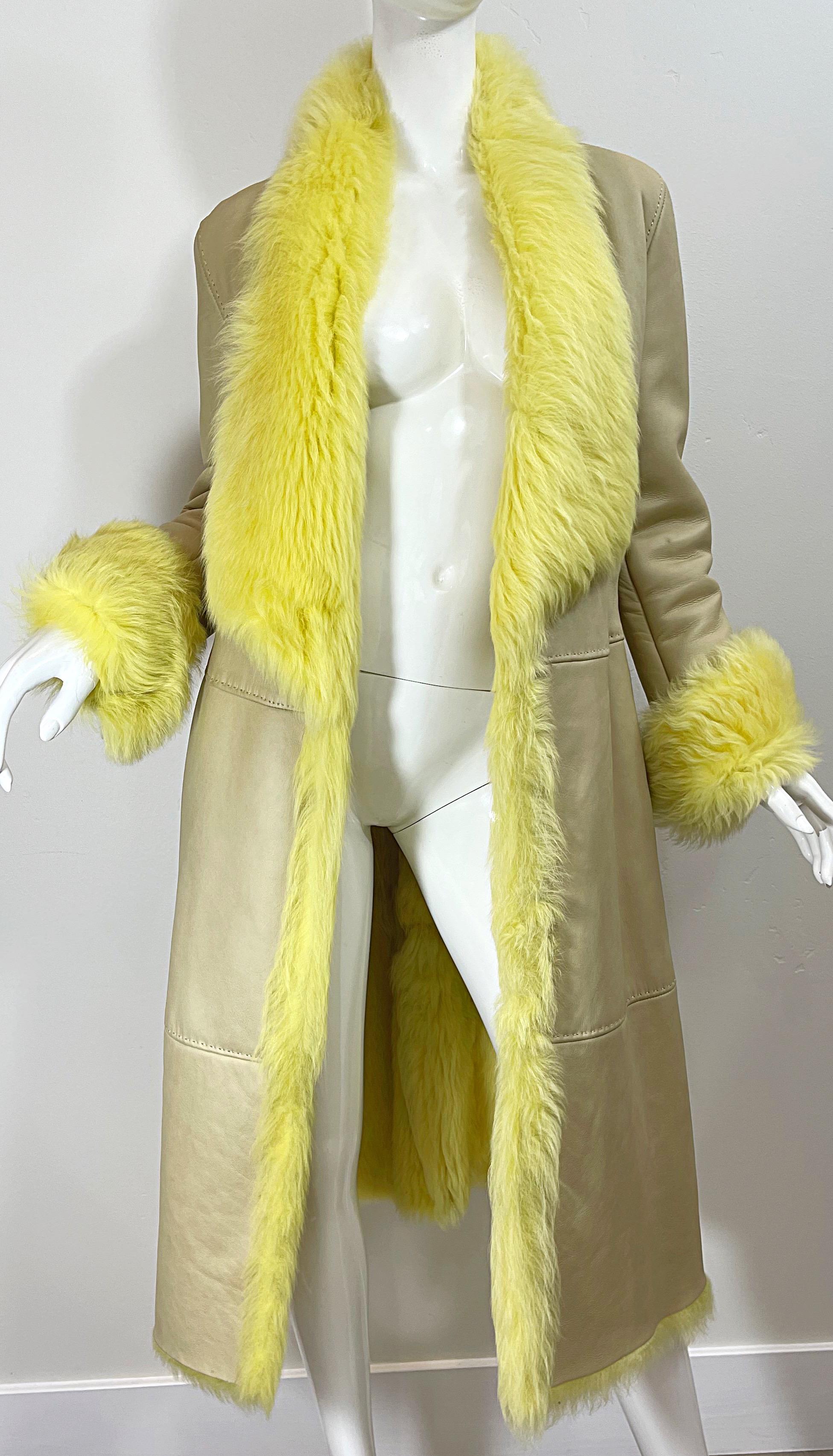 Beige 1990s Gianni Versace Tan Leather Yellow Shearling Fur Vintage Trench Coat Jacket For Sale