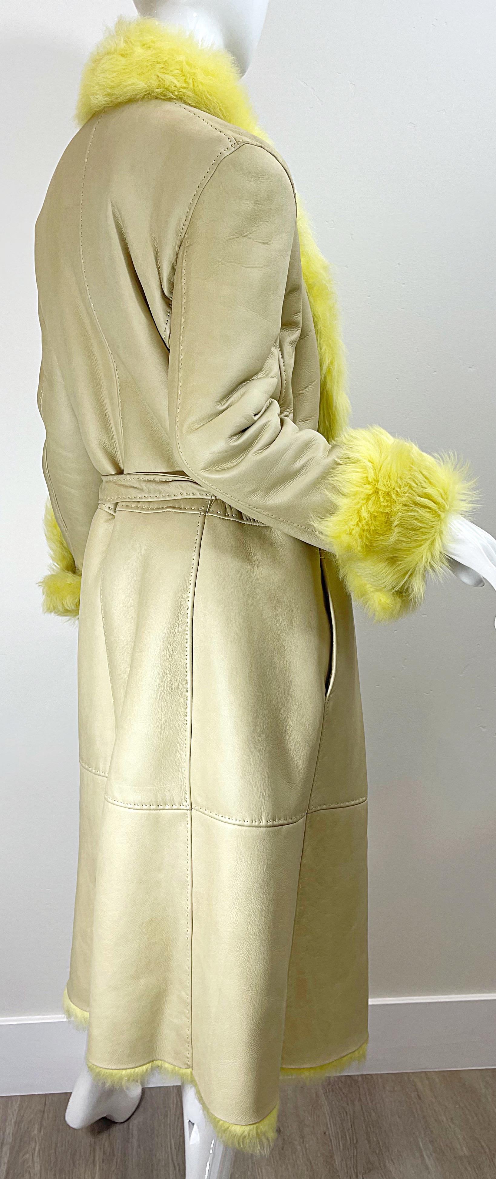 1990s Gianni Versace Tan Leather Yellow Shearling Fur Vintage Trench Coat Jacket For Sale 1