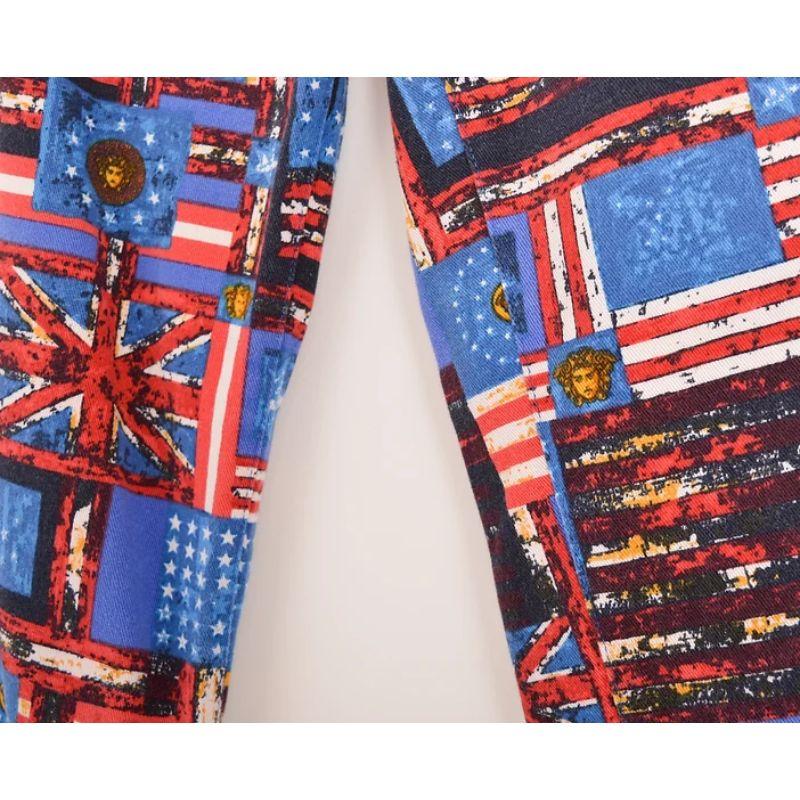 Women's 1990's Gianni Versace Versace Blue & Red Flag Print High waisted Pattern Jeans For Sale