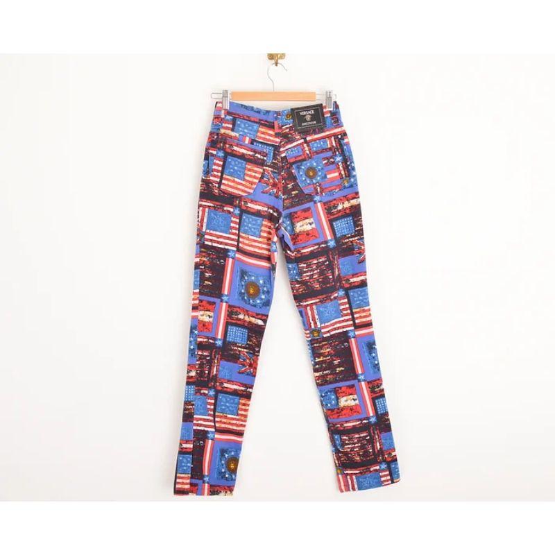 1990's Gianni Versace Versace Blue & Red Flag Print High waisted Pattern Jeans For Sale 1