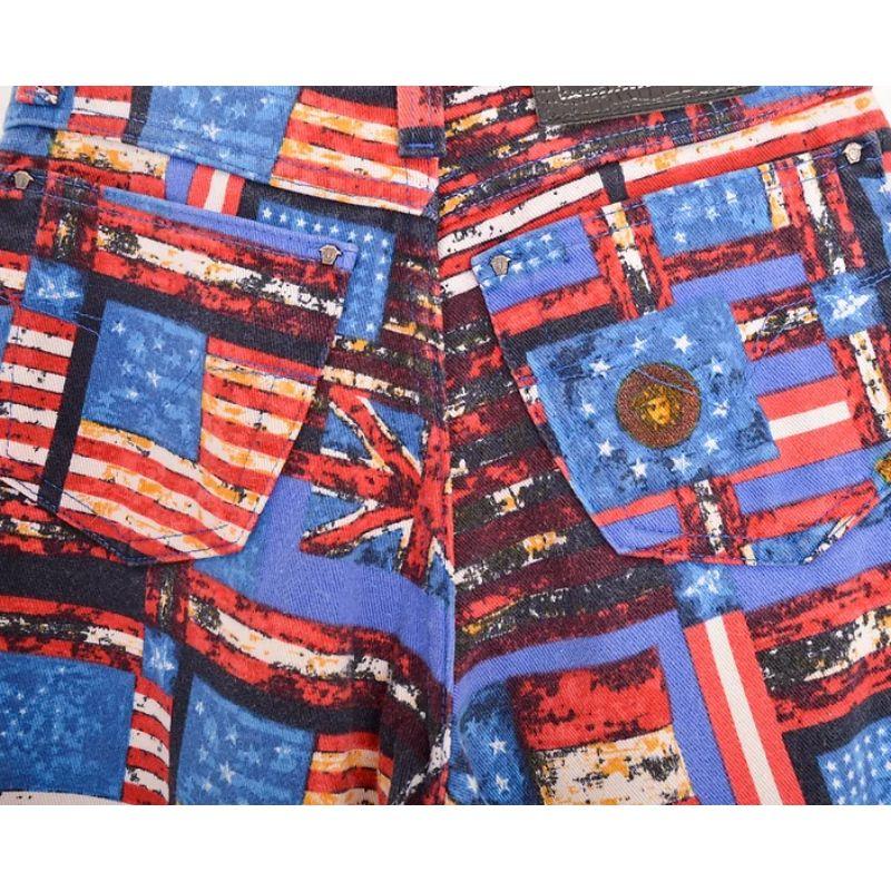 1990's Gianni Versace Versace Blue & Red Flag Print High waisted Pattern Jeans For Sale 2