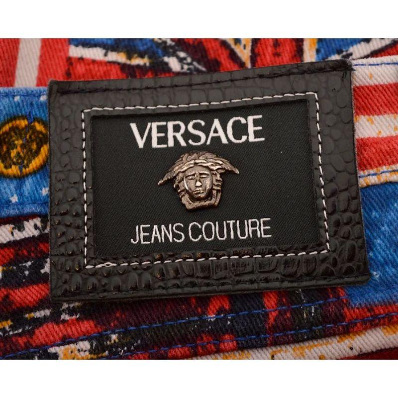 1990's Gianni Versace Versace Blue & Red Flag Print High waisted Pattern Jeans For Sale 3
