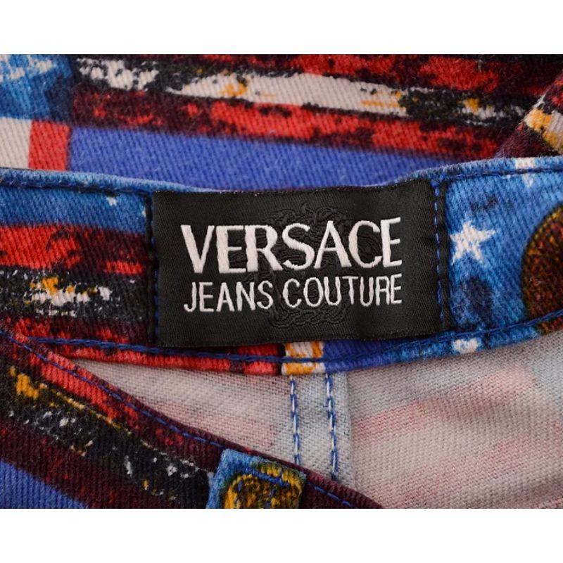 1990's Gianni Versace Versace Blue & Red Flag Print High waisted Pattern Jeans For Sale 4