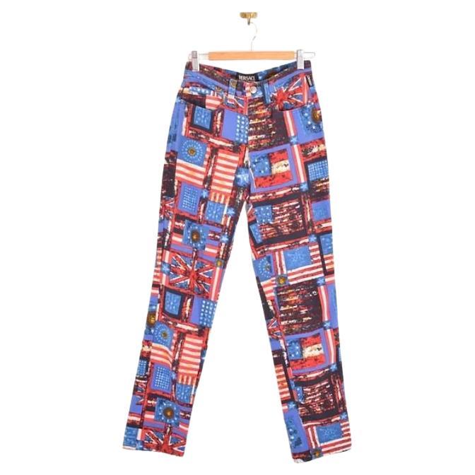 1990's Gianni Versace Versace Blue & Red Flag Print High waisted Pattern Jeans For Sale