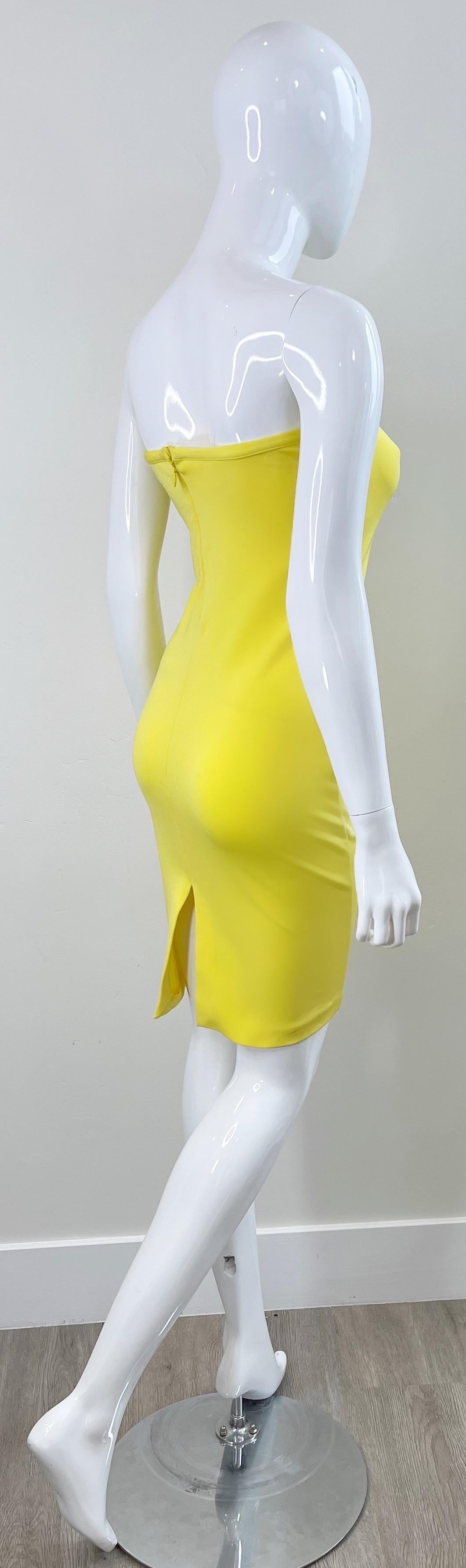 1990s Gianni Versace Versus Size 8 Canary Yellow Strapless Vintage 90s Dress For Sale 5