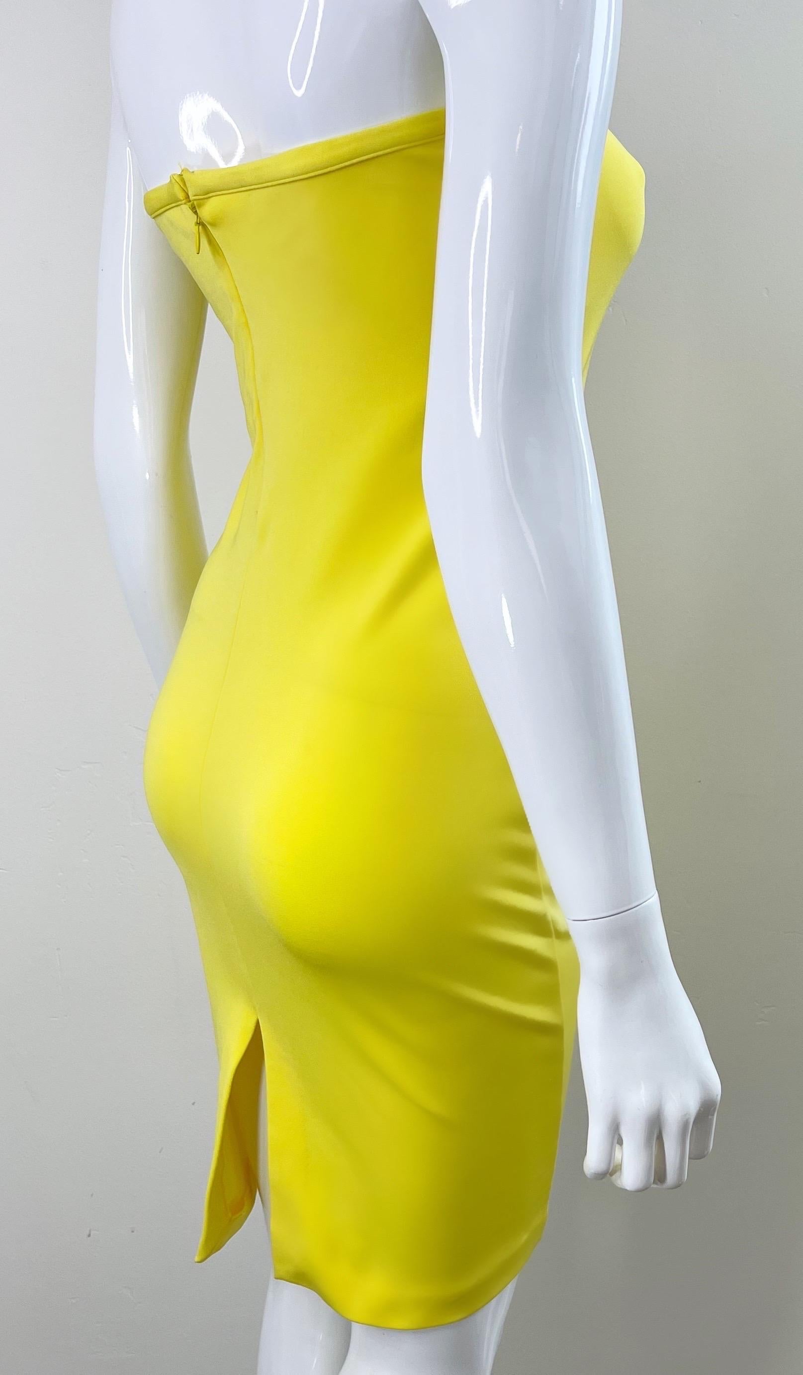 1990s Gianni Versace Versus Size 8 Canary Yellow Strapless Vintage 90s Dress For Sale 3