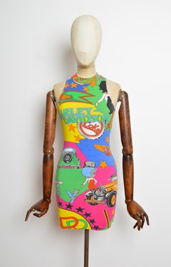 1990s Gianni Versace Vintage Bodycon Dress with Colourful Betty Boop Print XS-S