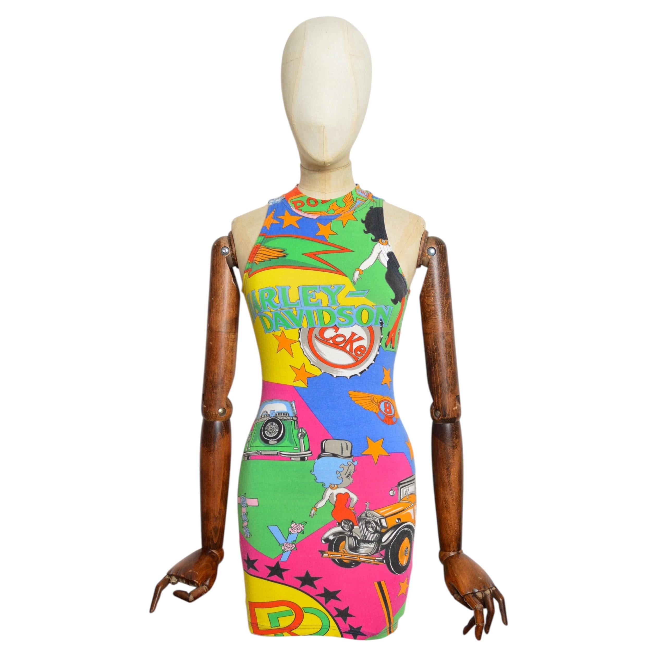 Robe moulante vintage Gianni Versace des années 1990, imprimé Betty Boop coloré, taille XS-S