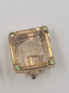 1990's Gianni Versace Vintage Glass Medusa Gold Square Clip On Earrings RARE