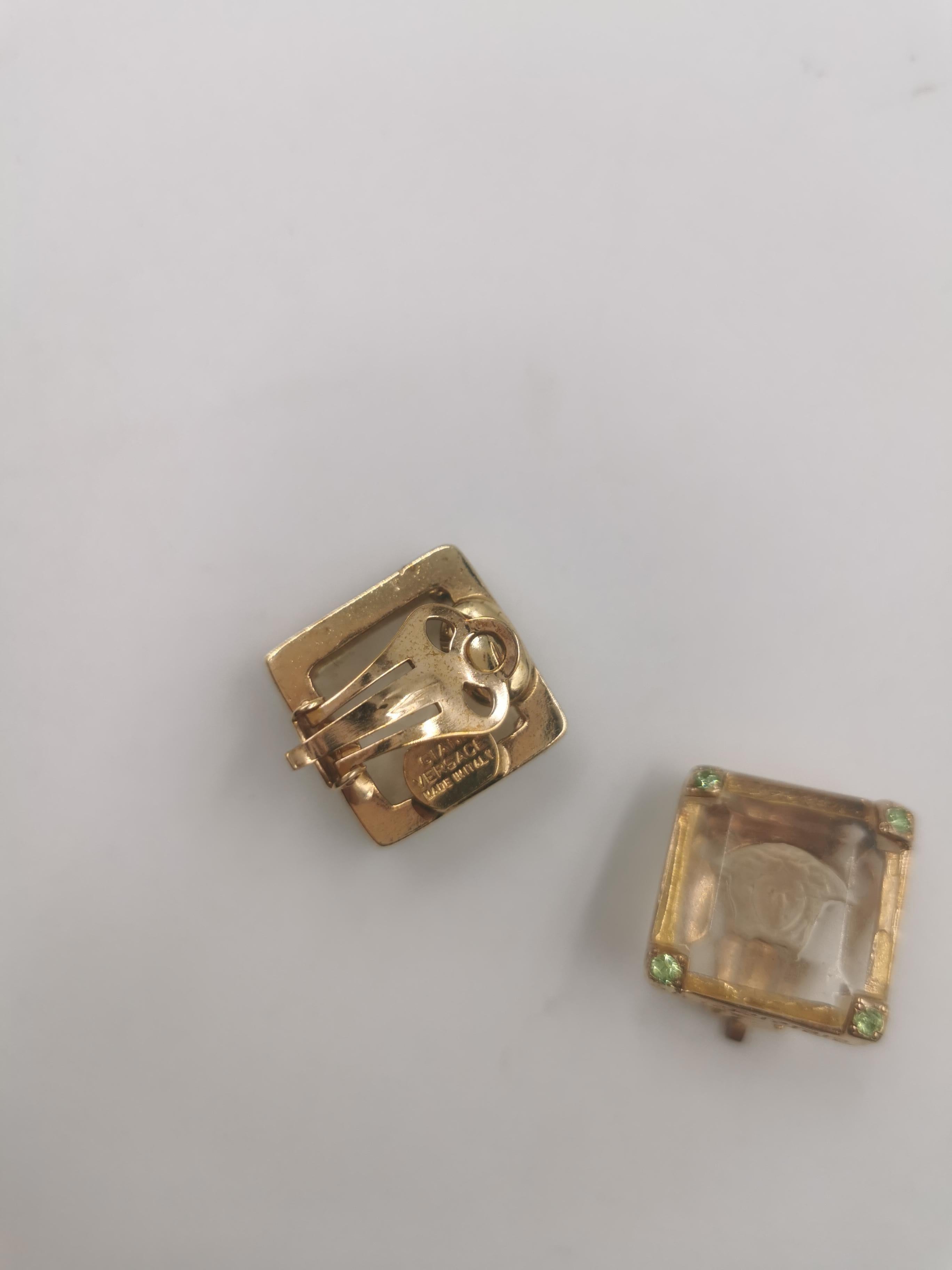 Etruscan Revival 1990's Gianni Versace Vintage Glass Medusa Gold Square Clip On Earrings RARE For Sale
