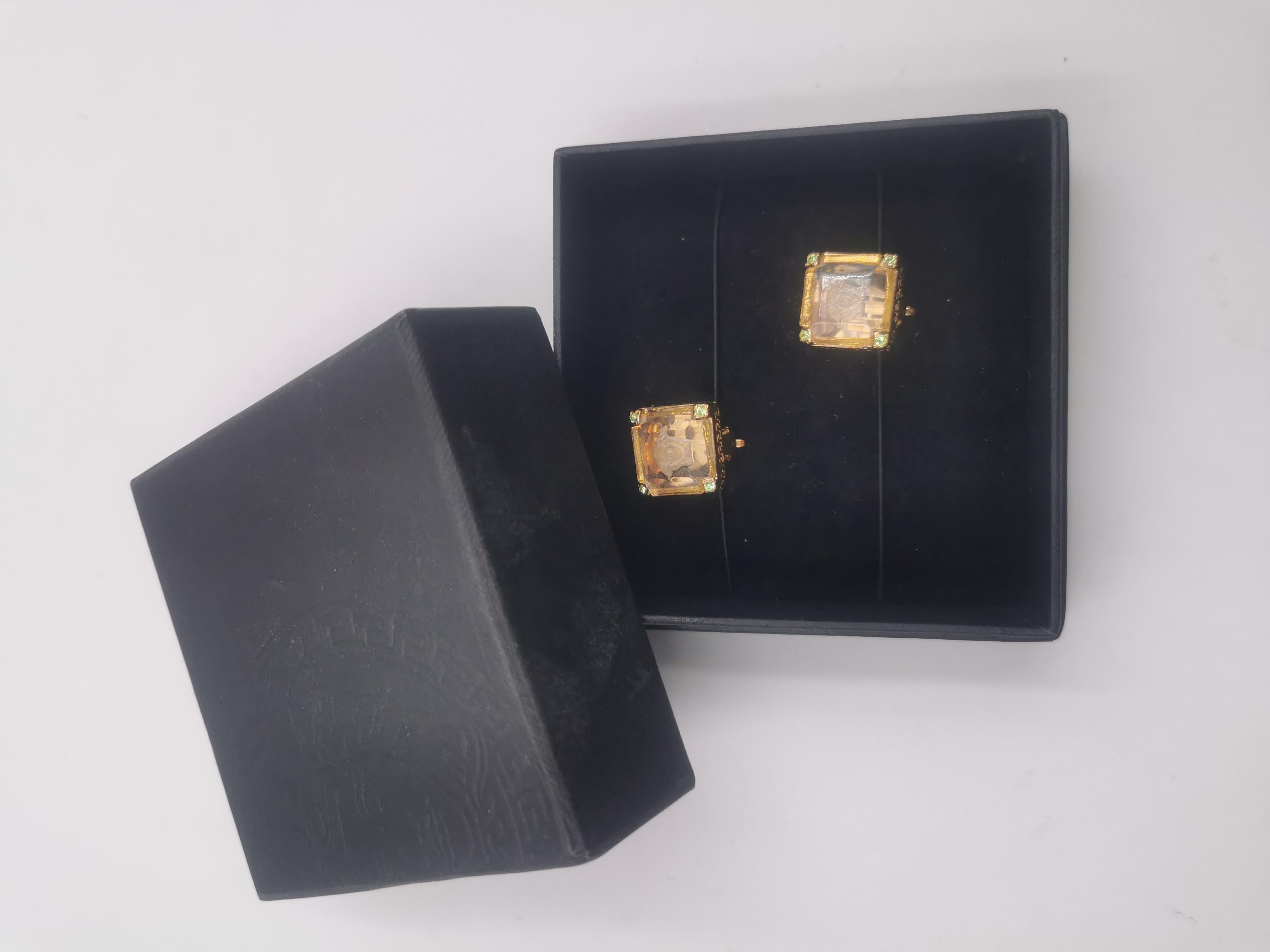 Ball Cut 1990's Gianni Versace Vintage Glass Medusa Gold Square Clip On Earrings RARE For Sale