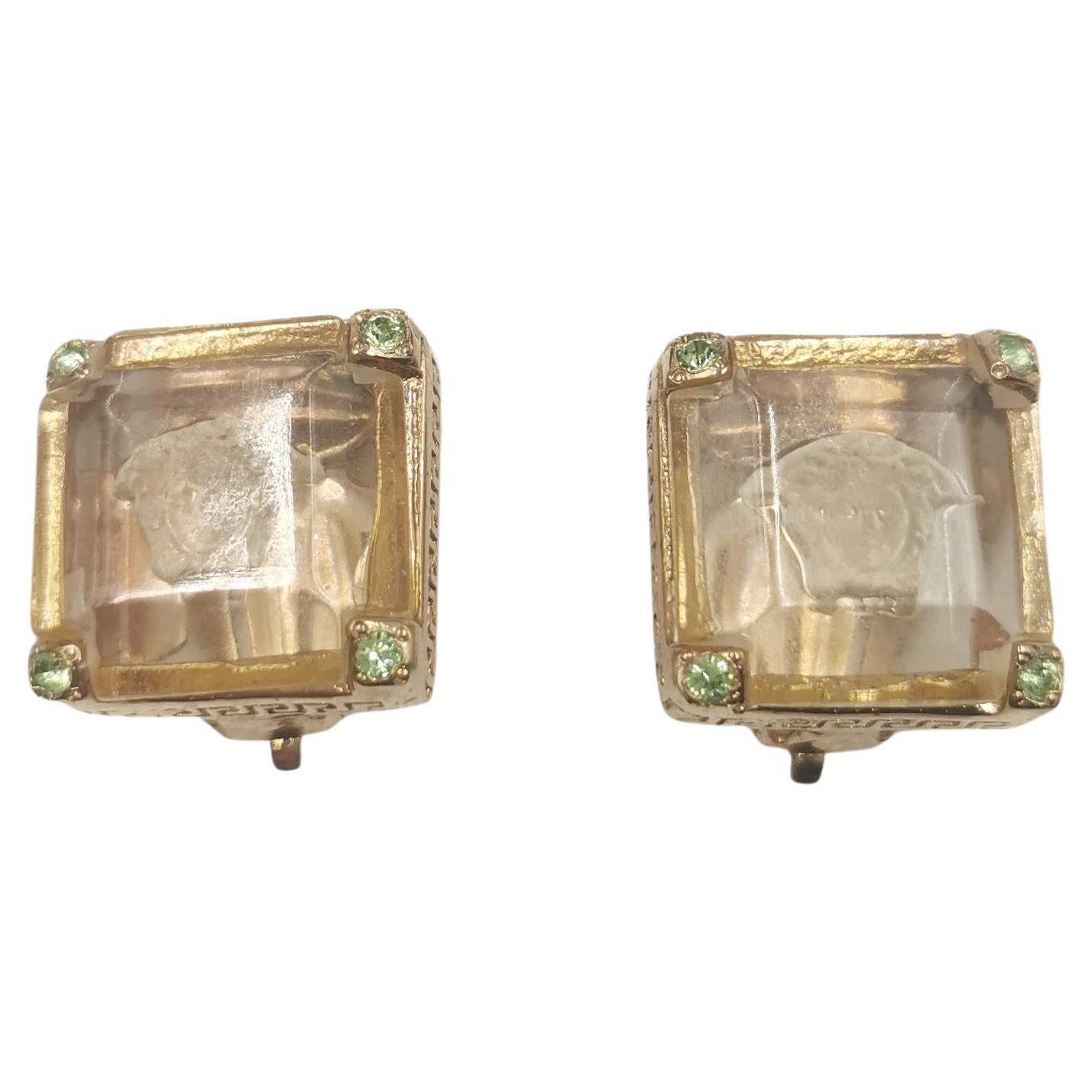 1990's Gianni Versace Vintage Glass Medusa Gold Square Clip On Earrings RARE For Sale