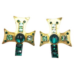 1990's Gianni Versace Vintage Gold Green Cross Rhinestones Clip On Earrings