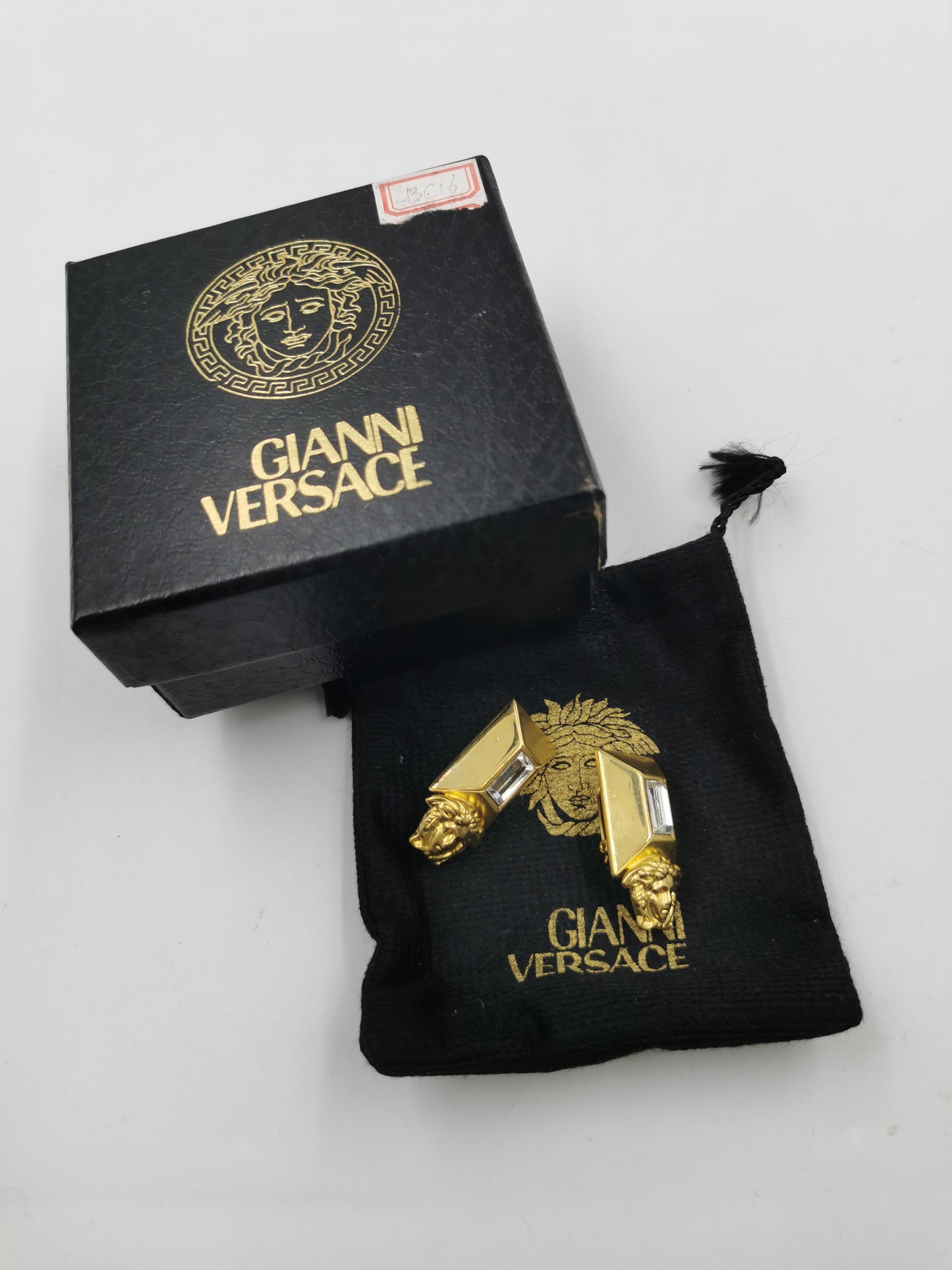 Etruscan Revival 1990's Gianni Versace Vintage Gold Medusa Emerald Cut Crystal Clip On Earrings
