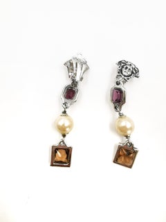 1990's Gianni Versace Vintage Medusa Pearl Crystal Silver 925 Dangle Earrings