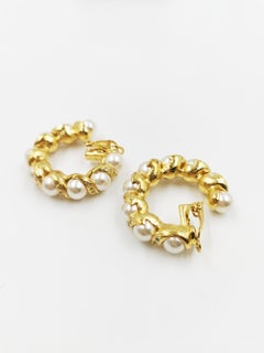 1990's Gianni Versace Vintage Pearl Rhinestone Gold Hoop Clip On Earrings