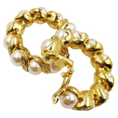 1990's Gianni Versace Vintage Pearl Rhinestone Gold Hoop Clip On Earrings