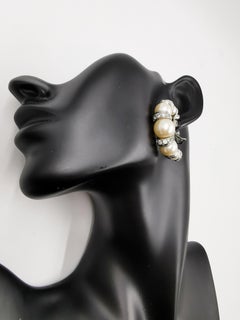 1990's Gianni Versace Vintage Pearl Rhinestone Silver Hoop Clip On Earrings