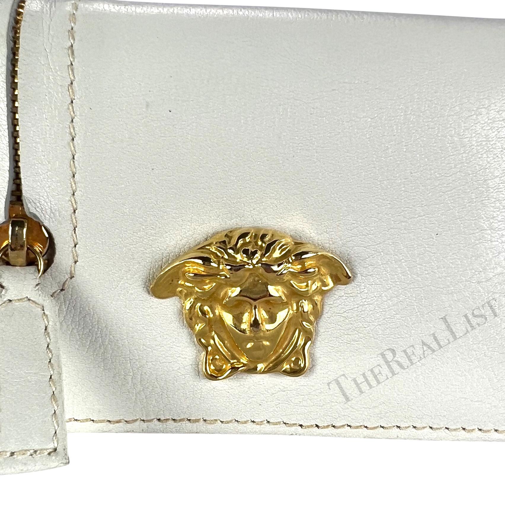 1990s Gianni Versace White Leather Gold Medusa Mini Flap Belt Bag Pouch In Good Condition For Sale In West Hollywood, CA
