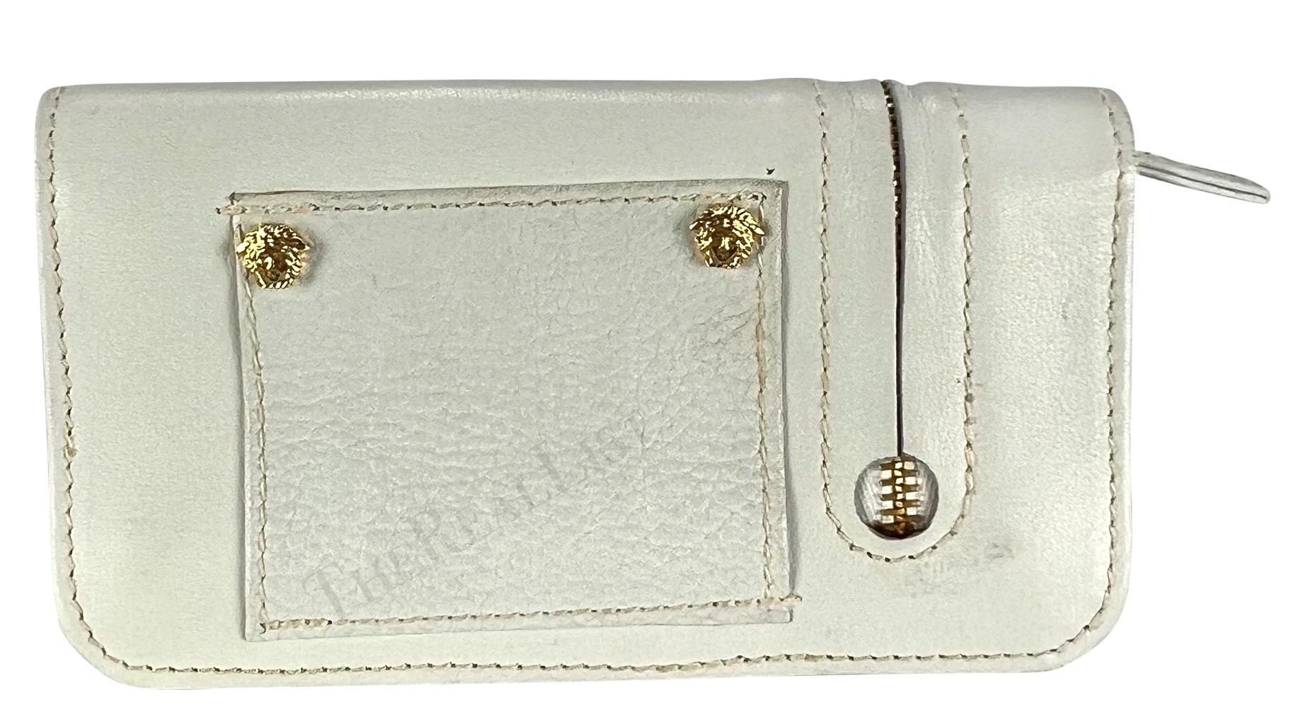 Women's 1990s Gianni Versace White Leather Gold Medusa Mini Flap Belt Bag Pouch For Sale