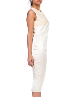 1990S GIANNI VERSACE Cream Silk Satin Sharply Fitted Dress With Stretch Wool At