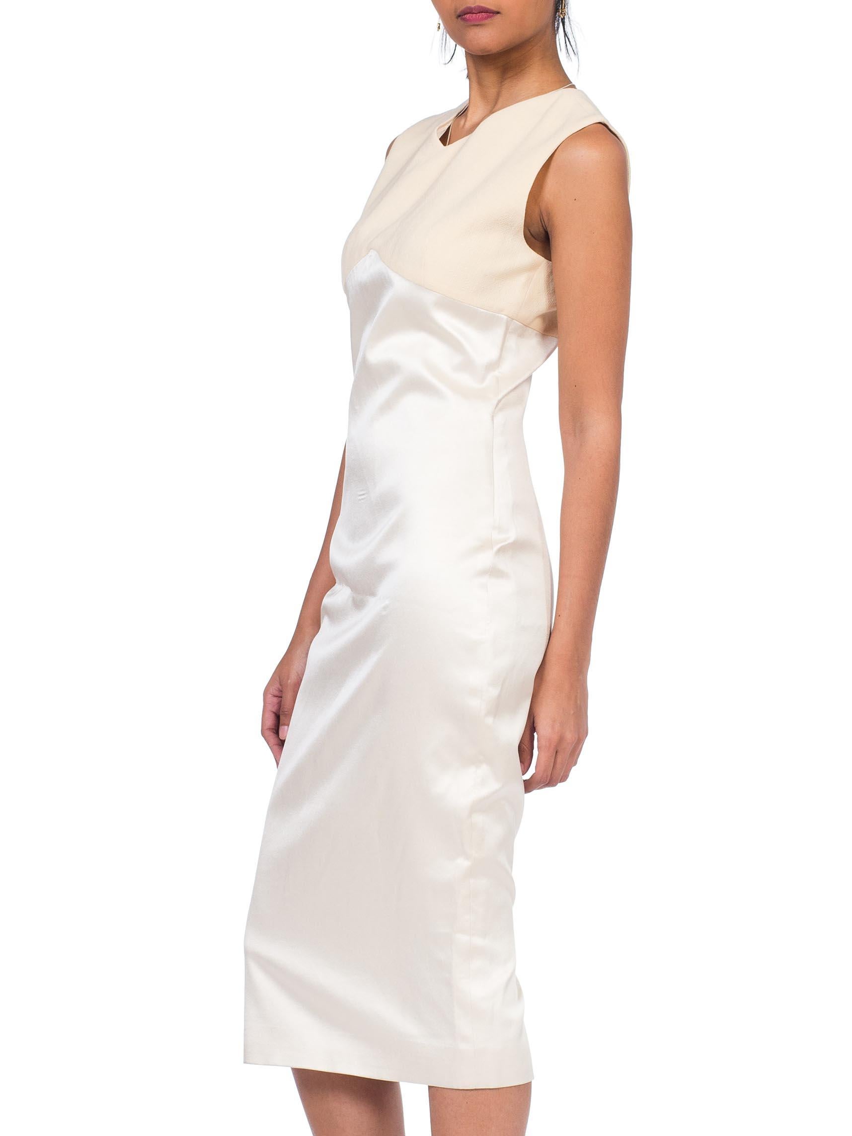 Gray 1990S GIANNI VERSACE Cream Silk Satin Sharply Fitted Dress With Stretch Wool At For Sale