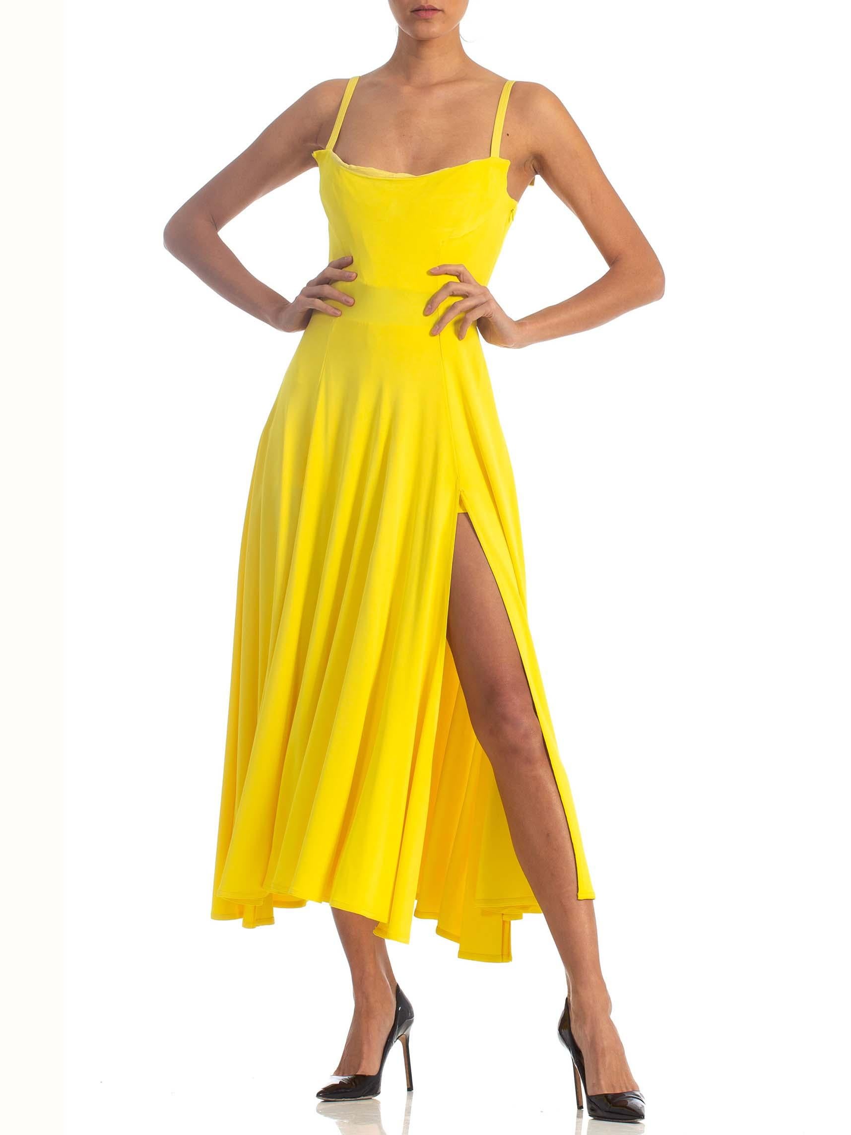 1990S GIANNI VERSACE Yellow Poly Blend Stretch Gown With High Slits And Matching Shorts