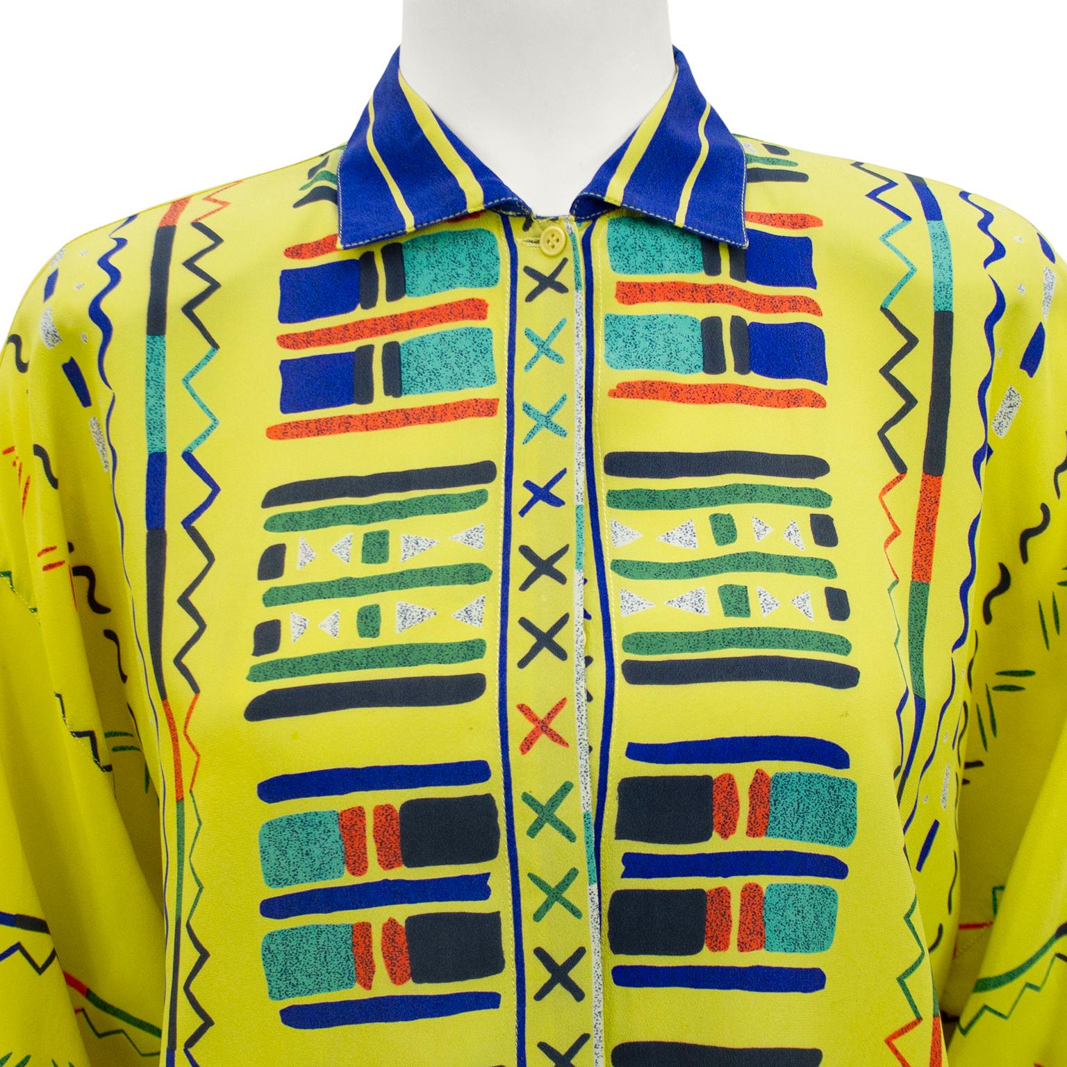 1990s Gianni Versace Yellow Silk Blouse with Geometric Details In Fair Condition For Sale In Toronto, Ontario