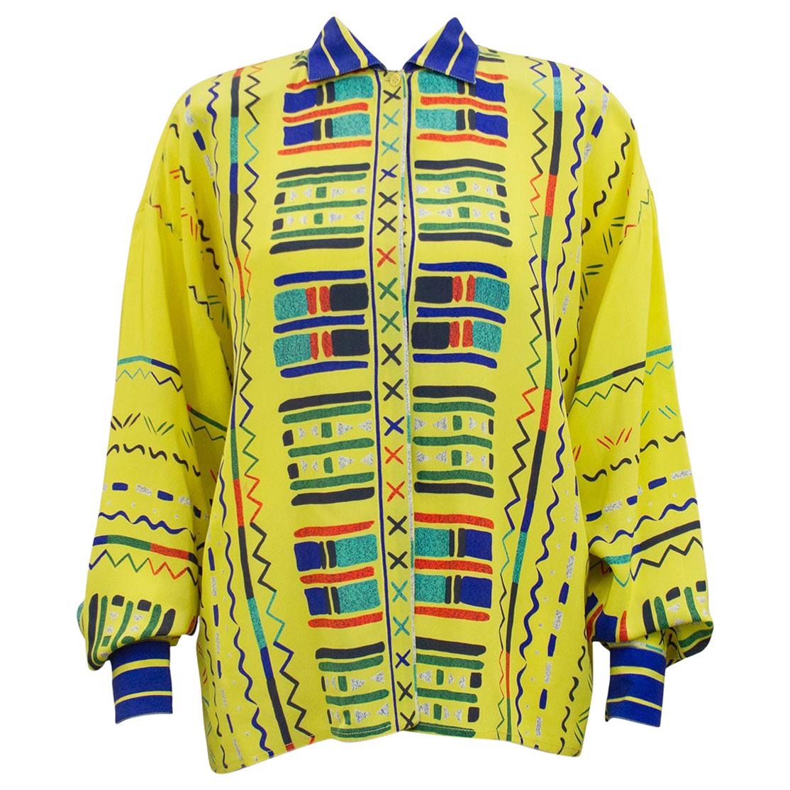 1990s Gianni Versace Yellow Silk Blouse with Geometric Details