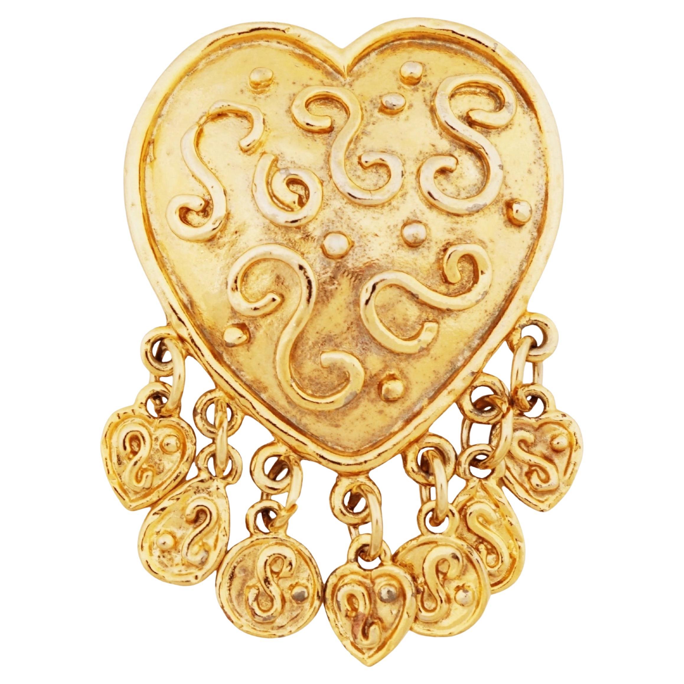 1990s Gilded Heart Brooch w/ Scroll Details & Dangle Accents By Edouard Rambaud For Sale