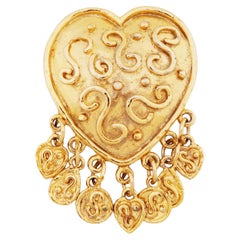 1990s Gilded Heart Brooch w/ Scroll Details & Dangle Accents By Edouard Rambaud