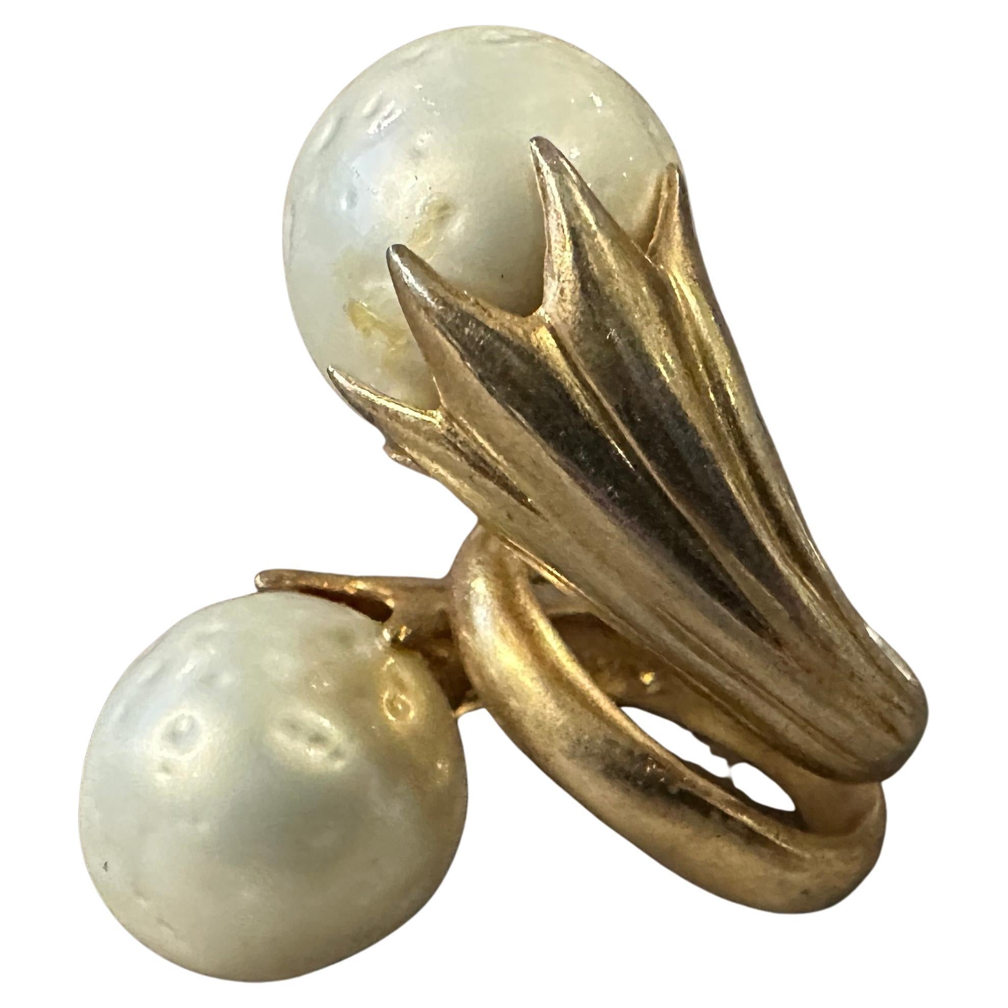 1990s Gilded Sterling Silver and Natural Pearl Sculptured Huge Italian Ring For Sale
