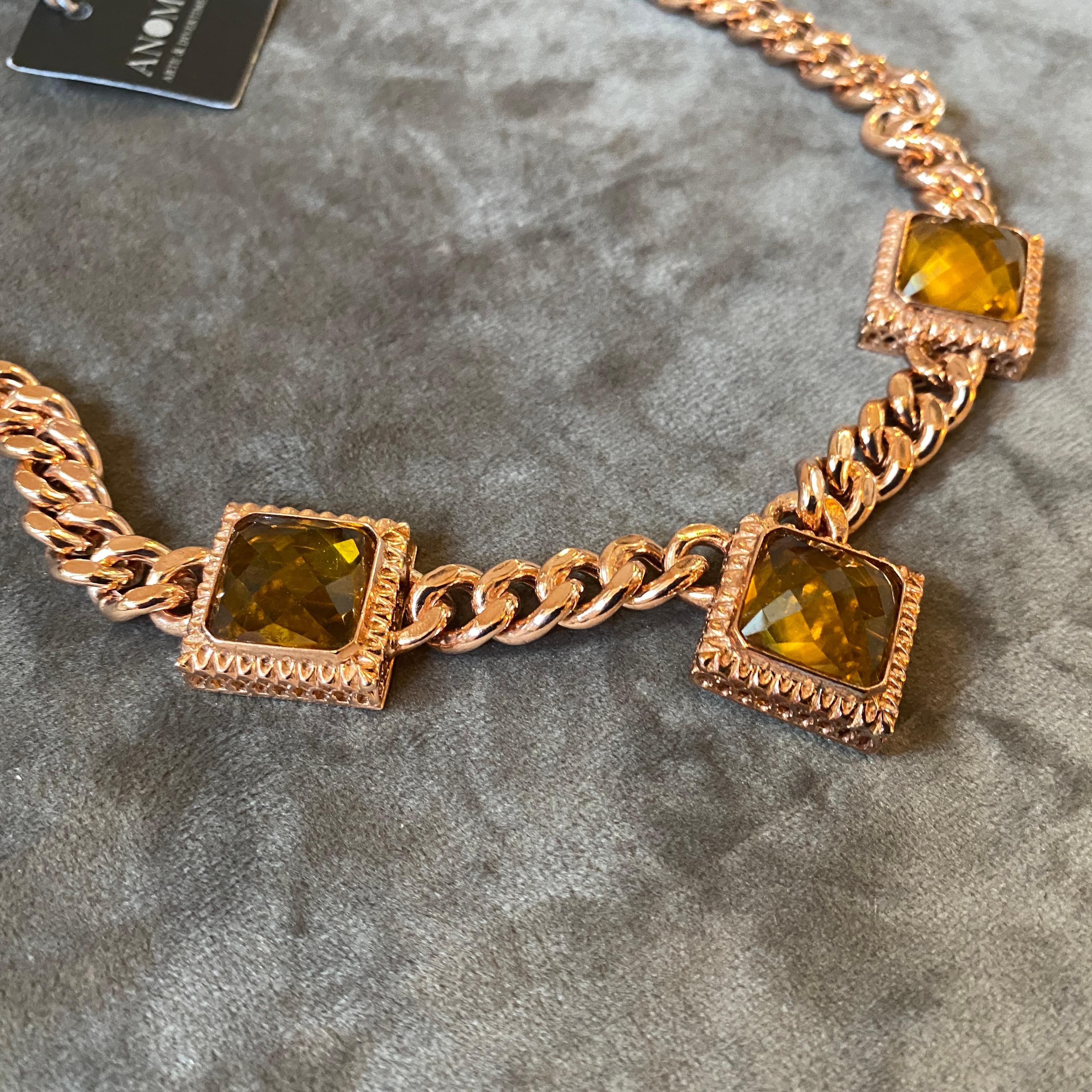1990s Gilded Sterling Silver and Square Hydrotermal Quartz Italian Necklace For Sale 3