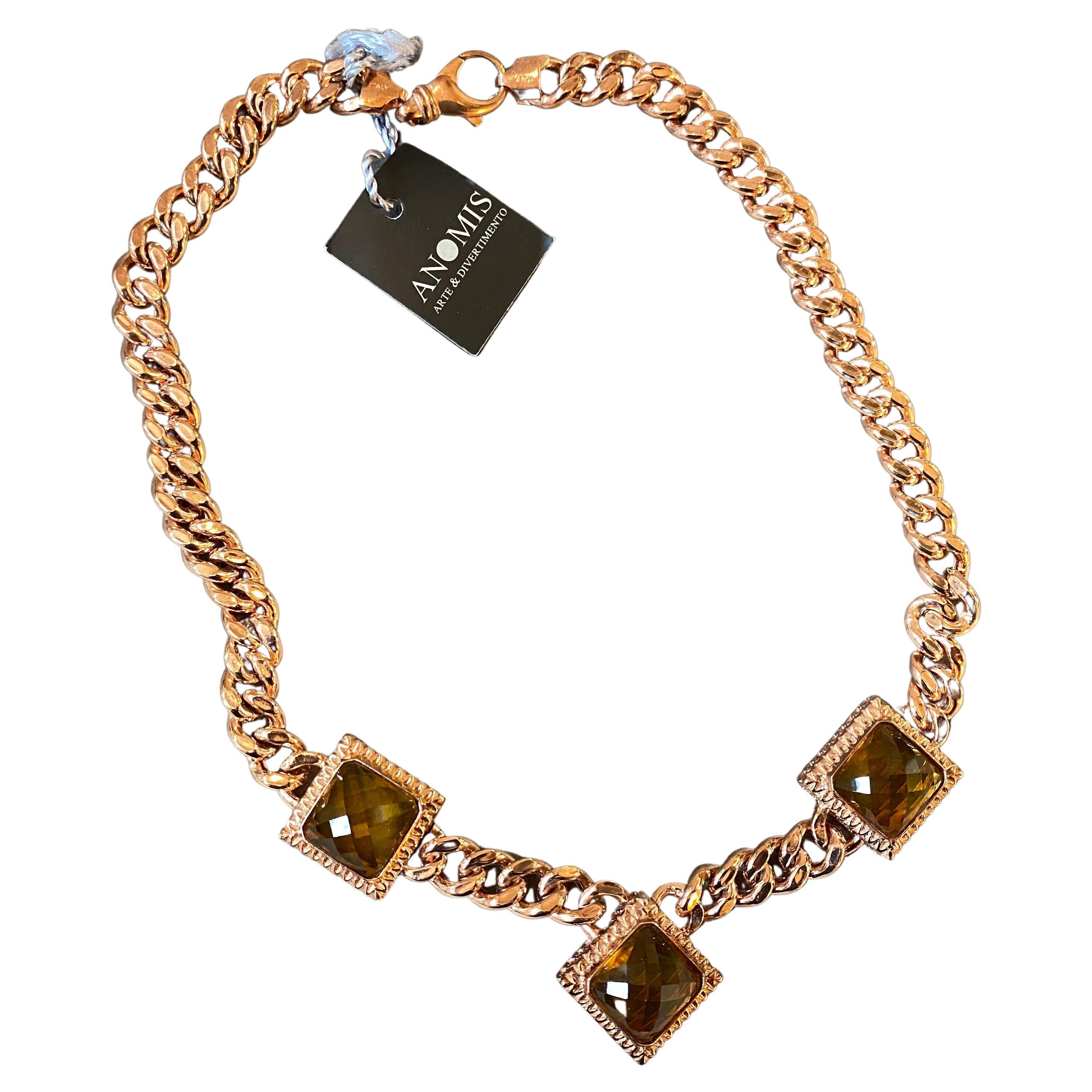 1990s Gilded Sterling Silver and Square Hydrotermal Quartz Italian Necklace For Sale