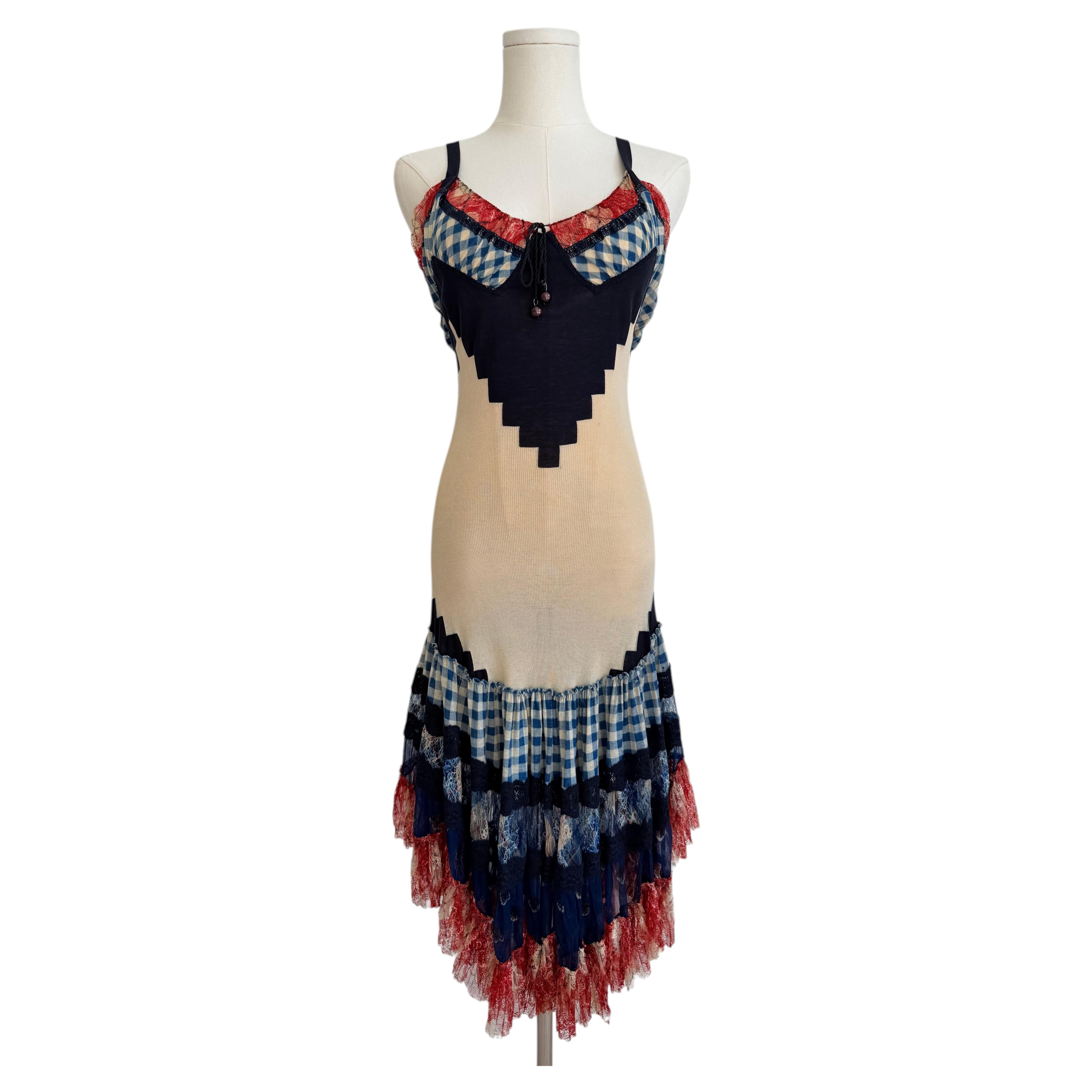 1990s Gingham & Lace Knit Dress