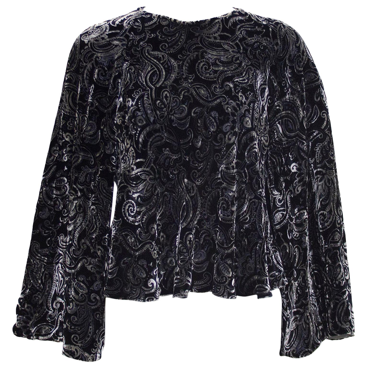 1990s Giorgio Armani Black and Grey Velvet Paisley Blouse  For Sale