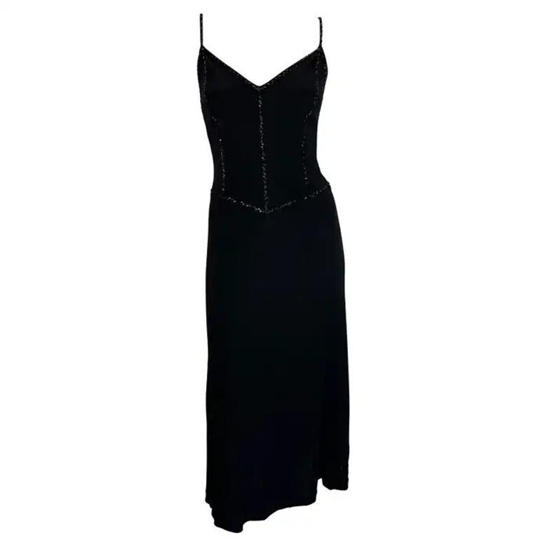 1990s Giorgio Armani Black Beaded Spaghetti Strap Midi Dress For Sale